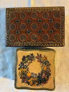 Italian Keepsake Boxes Gilt Wood Boxes W/ Metal Hinges Floral Wreath Harlequin
